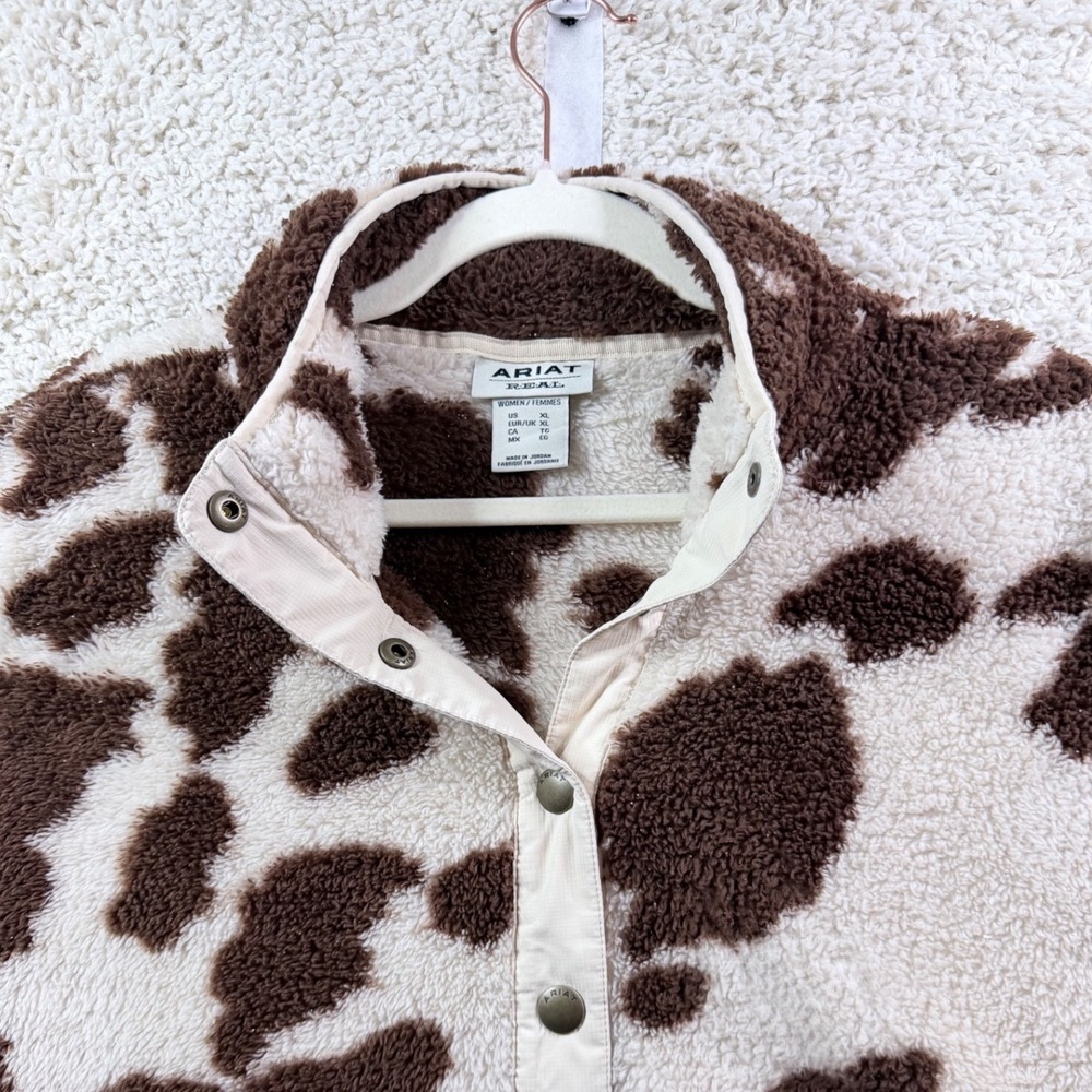 Womens XL Ariat REAL Fleece Pullover Brown Cow Print Sherpa Western Boho Jacket